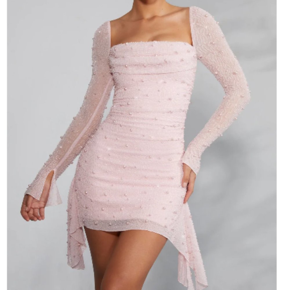 Oh Polly Tivoli Long Sleeve Embellished Cowl Neck Mini Dress in Blush